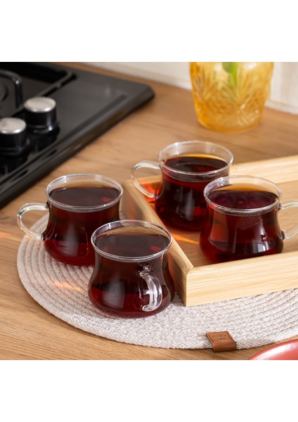 PBT-706 Borosilikat Isıya Ateşe Dayanıklı Cam Kulplu 4lü Çay Bardağı Kahve Bardak Seti Kupa Şeffaf 250 ml