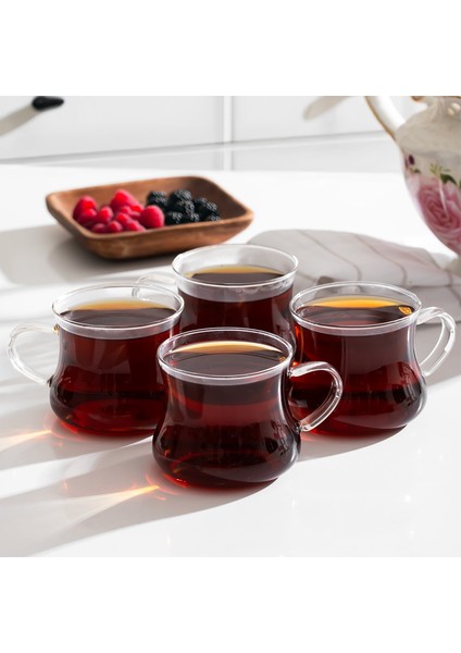 PBT-706 Borosilikat Isıya Ateşe Dayanıklı Cam Kulplu 4lü Çay Bardağı Kahve Bardak Seti Kupa Şeffaf 250 ml fiyatları