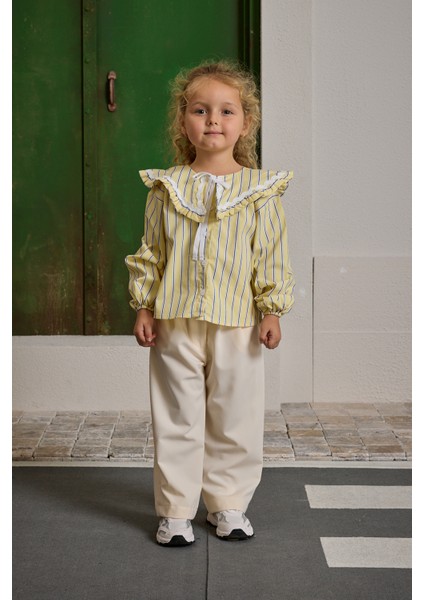 Geniş Yakalı Çizgili Gömlek Sarı