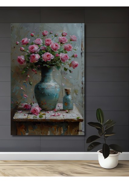 Romantik Yağlı Boya Görünümlü Gül Buketi Dekoratif Ahşap Tablo Dikdörtgen Tablo