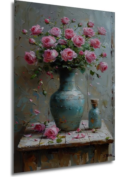 Romantik Yağlı Boya Görünümlü Gül Buketi Dekoratif Ahşap Tablo Dikdörtgen Tablo fırsatları