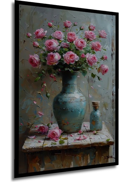 Romantik Yağlı Boya Görünümlü Gül Buketi Dekoratif Ahşap Tablo Dikdörtgen Tablo