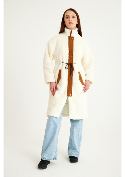 Peluş Beli Bağcıklı Kışlık Kadın Fermuarlı Tüylü Ceket