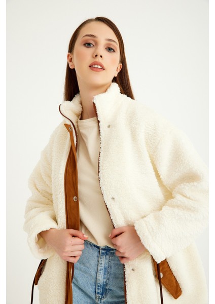 Peluş Beli Bağcıklı Kışlık Kadın Fermuarlı Tüylü Ceket