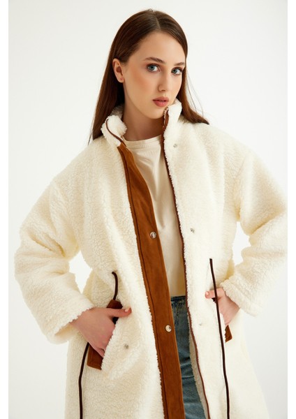 Peluş Beli Bağcıklı Kışlık Kadın Fermuarlı Tüylü Ceket