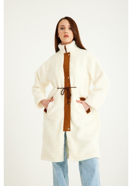 Peluş Beli Bağcıklı Kışlık Kadın Fermuarlı Tüylü Ceket