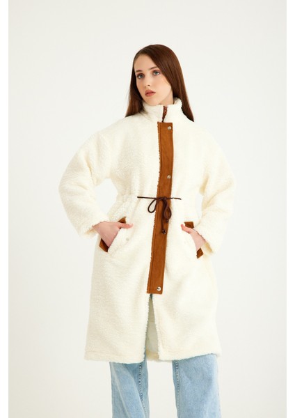 Peluş Beli Bağcıklı Kışlık Kadın Fermuarlı Tüylü Ceket