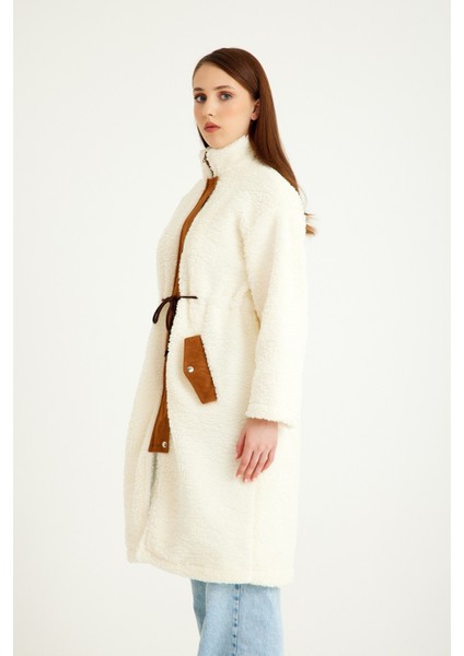 Peluş Beli Bağcıklı Kışlık Kadın Fermuarlı Tüylü Ceket