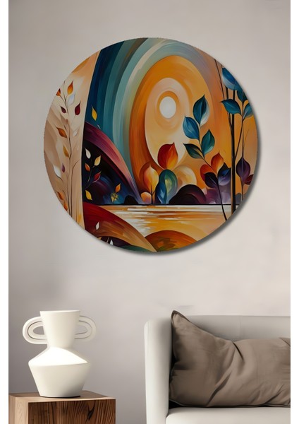 Modern Sanat Yağlı Boya Görünümlü Ahşap Dekoratif Tablo Işıltılı Rüyalar Bahçesi Yuvarlak Tablo