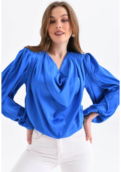 Kadın Gömlek Degaje Yaka Dökümlü Saten Gömlek Kadın Gömlek Saks - 33026