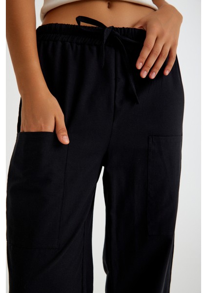 Keten Günlük Pantolon Beli Lastikli Bağcıklı
