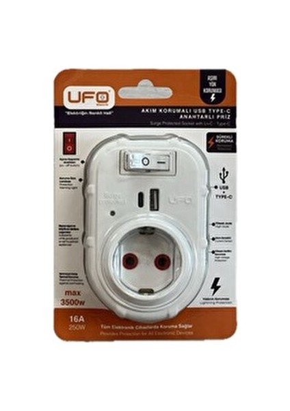 Akım Korumalı Priz (Tekli) Anahtarlı (Usb+Type-C )Beyaz Renk Termal 3000 Watt 1. Sınıf Kalite