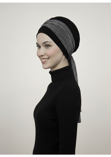 Nova Bandana Siyah-Gümüş Hazır Türban Tesettür Bone