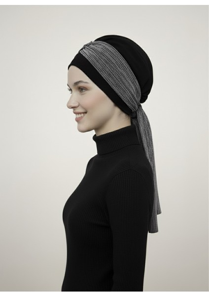 Nova Bandana Siyah-Gümüş Hazır Türban Tesettür Bone