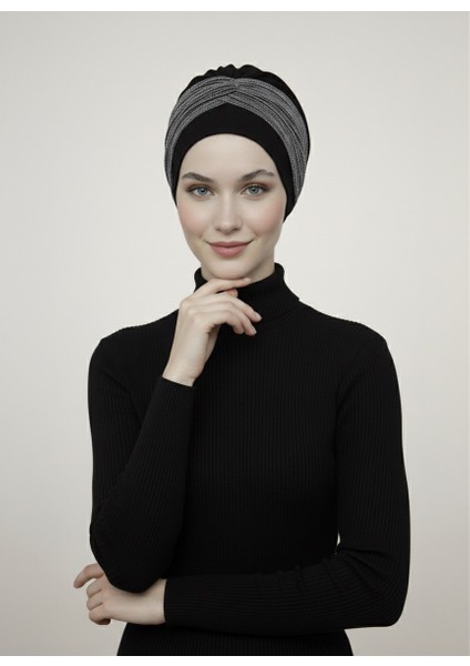 Nova Bandana Siyah-Gümüş Hazır Türban Tesettür Bone