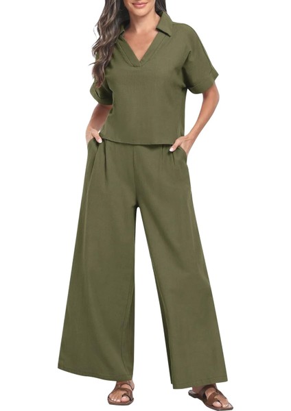 Zarif Kadin T-shirt ve Uzun Pantolon Alt Üst İkili Takım V Yaka Kısa Kollu Salaş Rahat Elbise