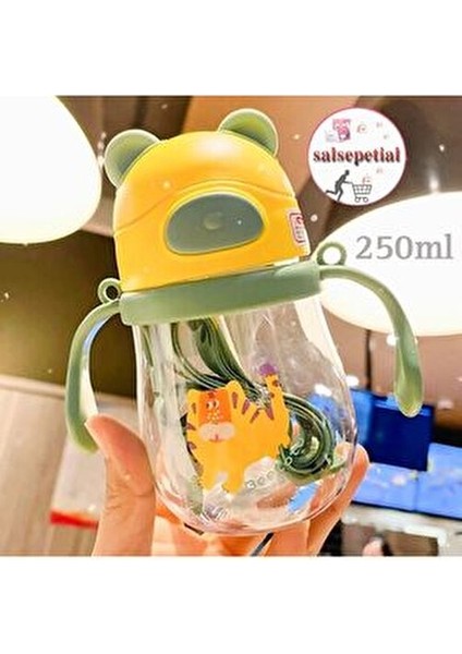 250ML Ayıcık Figürlü Pipeti Suluk Bebek Matara Askılı Sevimli Su Şişesi Bebek Pipetli Biberon Matara