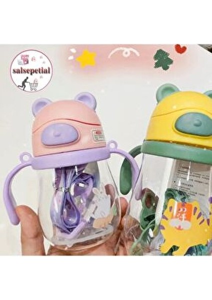 250ML Ayıcık Figürlü Pipeti Suluk Bebek Matara Askılı Sevimli Su Şişesi Bebek Pipetli Biberon Matara