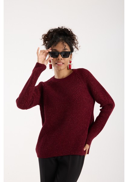 Kadın Bordo Selanik Örgü Reglan Kollu Bisiklet Yaka Simli Triko Kazak