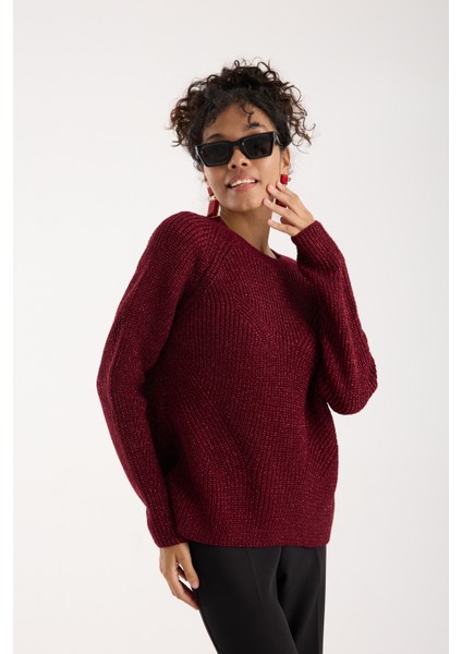 Kadın Bordo Selanik Örgü Reglan Kollu Bisiklet Yaka Simli Triko Kazak fiyatları