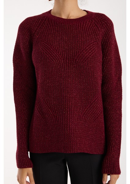 Kadın Bordo Selanik Örgü Reglan Kollu Bisiklet Yaka Simli Triko Kazak modelleri