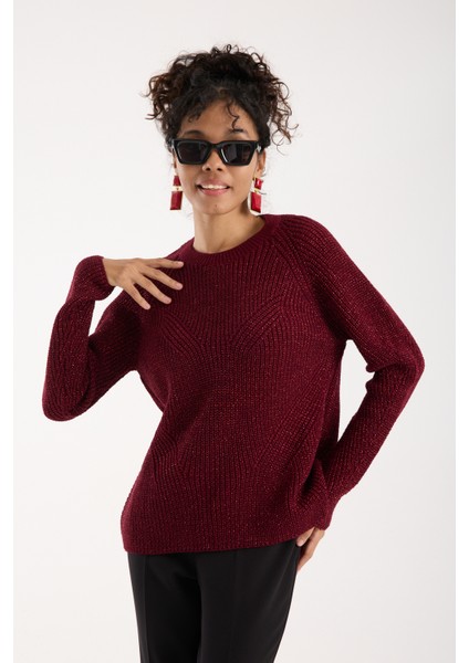 Kadın Bordo Selanik Örgü Reglan Kollu Bisiklet Yaka Simli Triko Kazak fırsatları