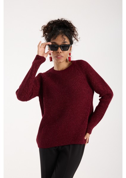 Kadın Bordo Selanik Örgü Reglan Kollu Bisiklet Yaka Simli Triko Kazak indirimleri