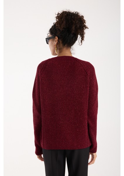 Kadın Bordo Selanik Örgü Reglan Kollu Bisiklet Yaka Simli Triko Kazak