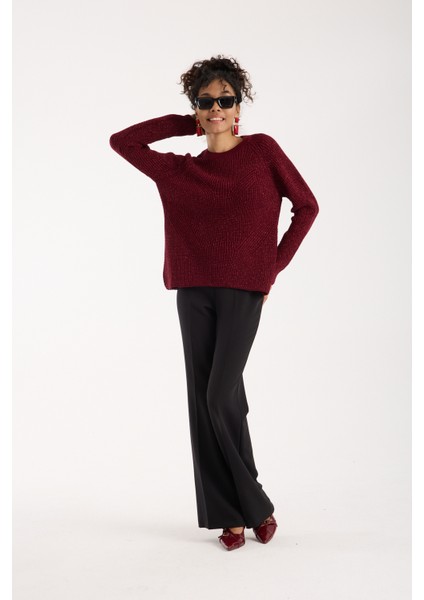 Kadın Bordo Selanik Örgü Reglan Kollu Bisiklet Yaka Simli Triko Kazak
