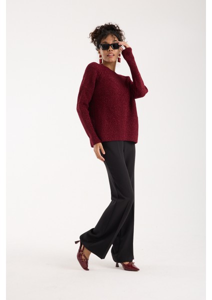 Kadın Bordo Selanik Örgü Reglan Kollu Bisiklet Yaka Simli Triko Kazak
