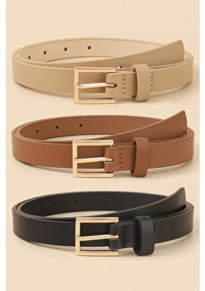 Kadın 3'lü Gold Kare Tokalı Pantolon, Gömlek, Ceket, Elbise, Kazak Kemeri 2.5 cm