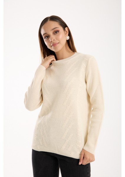 Kadın Ekru Selanik Örgü Bisiklet Yaka Simli Triko Kazak