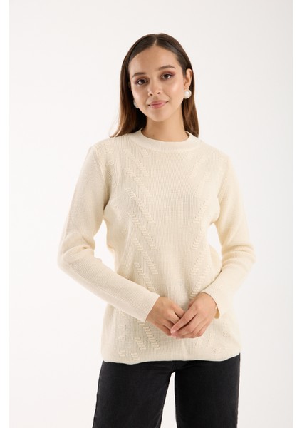 Kadın Ekru Selanik Örgü Bisiklet Yaka Simli Triko Kazak fiyatları