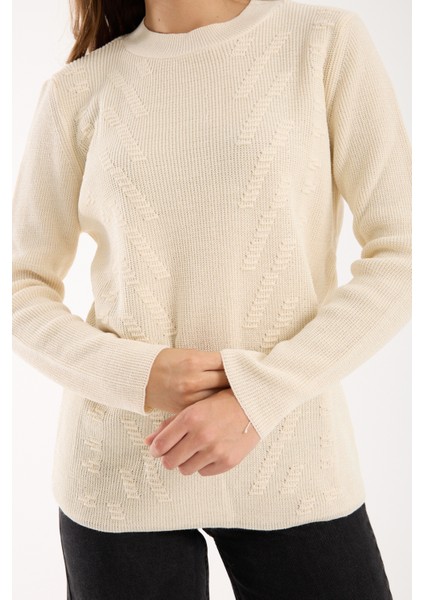 Kadın Ekru Selanik Örgü Bisiklet Yaka Simli Triko Kazak modelleri