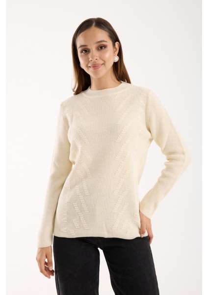Kadın Ekru Selanik Örgü Bisiklet Yaka Simli Triko Kazak fırsatları