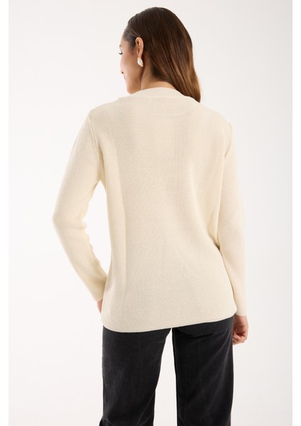 Kadın Ekru Selanik Örgü Bisiklet Yaka Simli Triko Kazak indirimleri