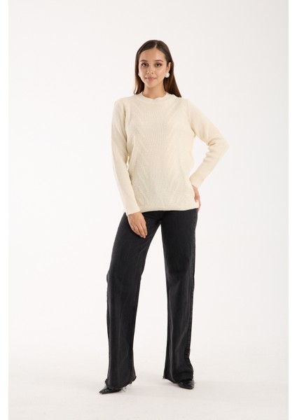 Kadın Ekru Selanik Örgü Bisiklet Yaka Simli Triko Kazak