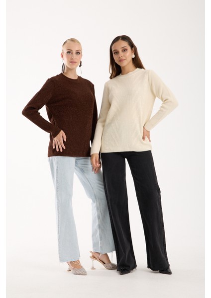 Kadın Ekru Selanik Örgü Bisiklet Yaka Simli Triko Kazak