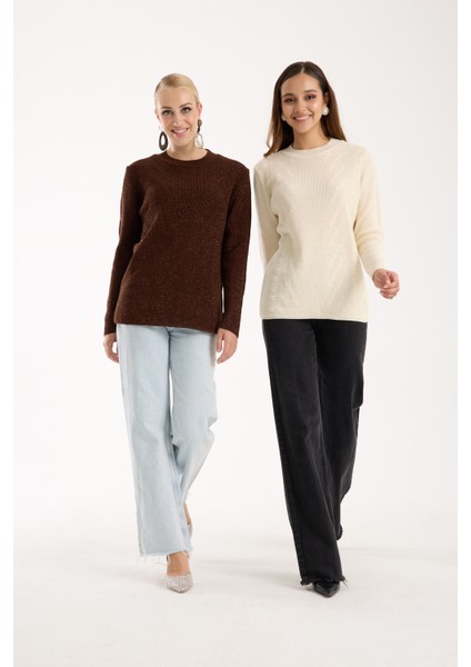 Kadın Ekru Selanik Örgü Bisiklet Yaka Simli Triko Kazak