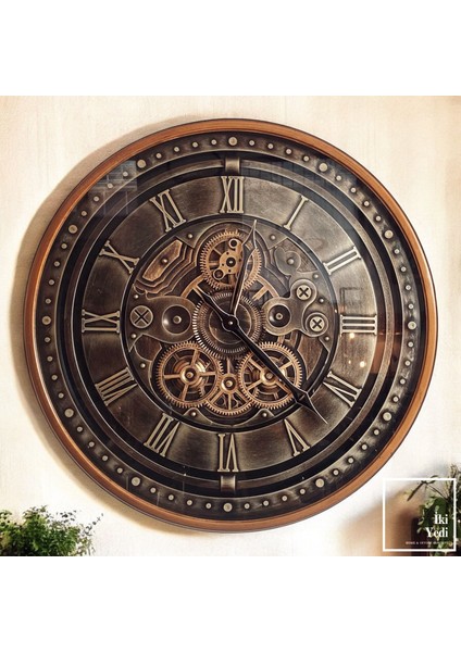 Griskow 67 cm Çarklı Duvar Saati, Bronz Renk Romen Rakamlı Mekanik Saat Ev Ofis Dekorasyonu