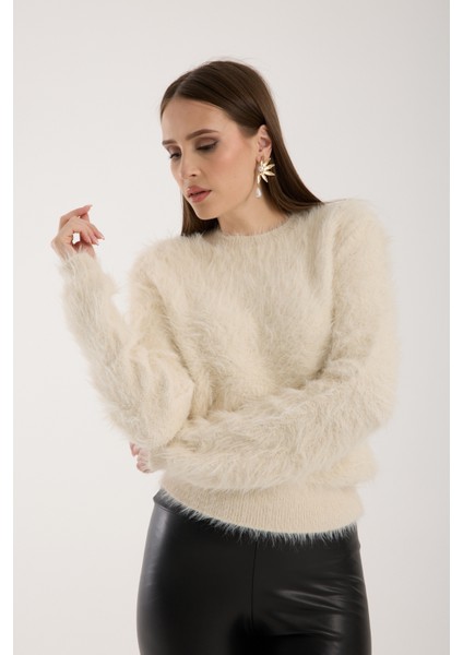 Kadın Krem Sakal Iplik Bisiklet Yaka Triko Kazak