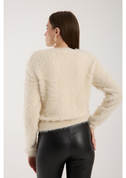 Kadın Krem Sakal Iplik Bisiklet Yaka Triko Kazak