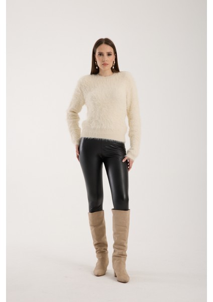 Kadın Krem Sakal Iplik Bisiklet Yaka Triko Kazak