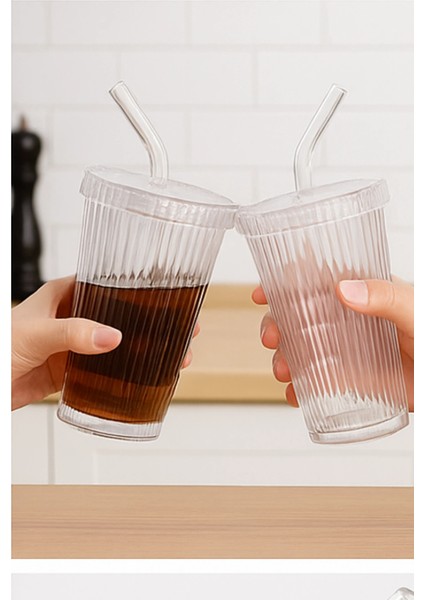 2 Adet Latte Kapaklı Pipetli Kristal Desen Fenomen Bardak Soğuk Kahve, Smoothie, Içecek Bardağı