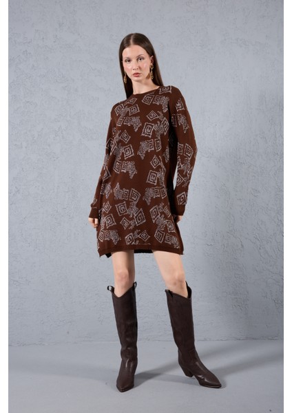 Kadın Acı Kahve Yan Yırtmaçlı Bisiklet Yaka Sim Desenli Triko Bluz