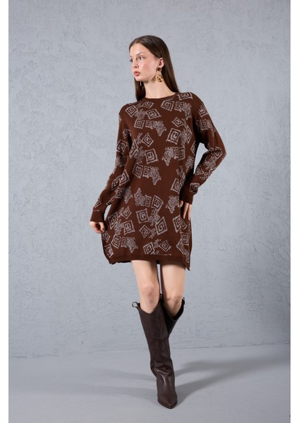 Kadın Acı Kahve Yan Yırtmaçlı Bisiklet Yaka Sim Desenli Triko Bluz modelleri