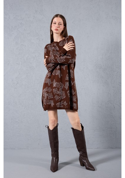 Kadın Acı Kahve Yan Yırtmaçlı Bisiklet Yaka Sim Desenli Triko Bluz fırsatları