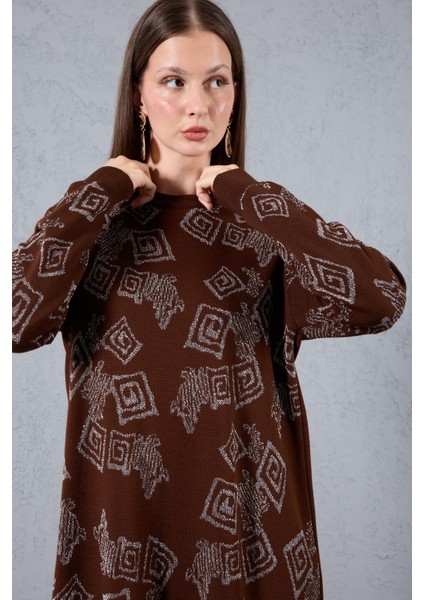 Kadın Acı Kahve Yan Yırtmaçlı Bisiklet Yaka Sim Desenli Triko Bluz indirimleri