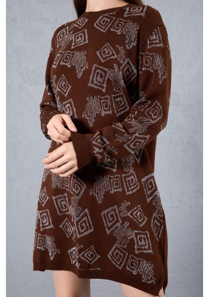 Kadın Acı Kahve Yan Yırtmaçlı Bisiklet Yaka Sim Desenli Triko Bluz