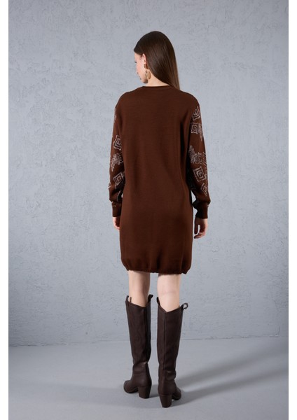 Kadın Acı Kahve Yan Yırtmaçlı Bisiklet Yaka Sim Desenli Triko Bluz